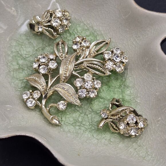 Signed Silver Tone Lisner Brooch & Earring Set Leaf Stemmed Rhinestone Flowers - Picture 9 of 11